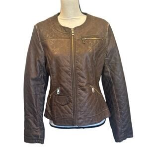 Lavand. Quilted Faux Leather Moto Jacket Brown Large